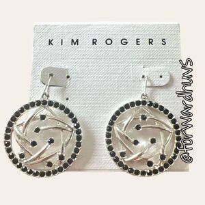 Stylish Silver Tone Kim Rogers Earrings with Black Rhinestone Embellishments NWT
